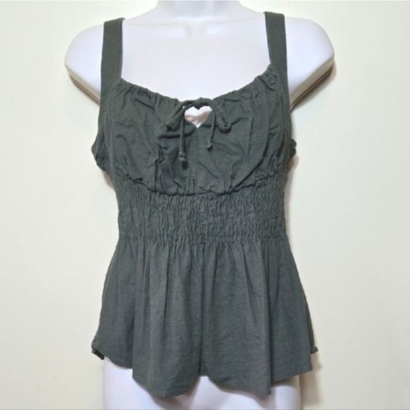 Milkmaid Peasant Sweetheart Tank Top Smocked Linen Olive Renaissance Size Small - Picture 1 of 8